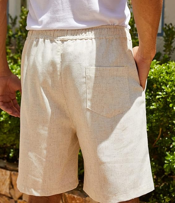Men's Linen Shorts Casual Elastic Waist Drawstring Summer Beach Shorts