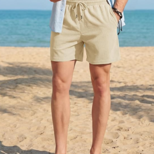 Men's Corduroy Casual Shorts Elastic Waist Drawstring Summer Vacation Shorts
