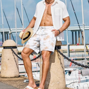 Men's Hawaiian Style Beach Shorts Elastic Waist Drawstring Casual Summer Shorts with Pocket